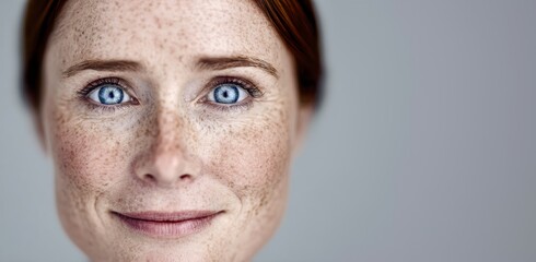 Obraz premium Portrait of a Beautiful Freckled Woman with Striking Blue Eyes for Advertising