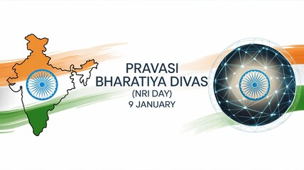 Pravasi Bharatiya Divas NRI Day poster with India map and globe in tricolor theme celebrating overseas Indian community