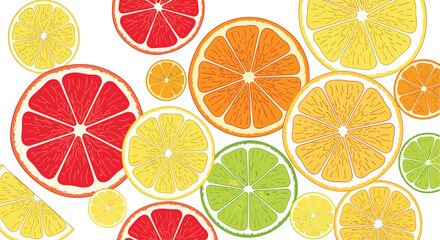 Fototapeta premium Colorful background pattern of fresh citrus fruit slices, including orange, lemon, lime, and grapefruit, creating a vibrant, juicy texture.
