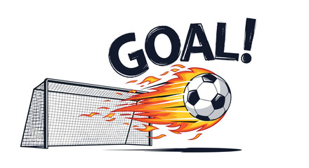 Hand-drawn sketch style illustration of a powerful flaming soccer ball scoring a decisive goal, conveying action and excitement.