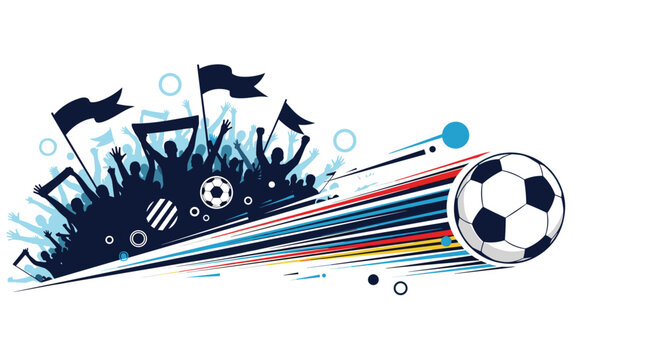 Dynamic sports illustration of a soccer ball in motion against a silhouette of cheering fans with flags, capturing game day excitement.