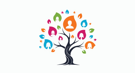 Colorful family tree logo concept with a network of people icons inside leaves, symbolizing genealogy, community, and ancestry.