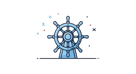 Obraz premium Blue line art icon of a classic wooden ship's helm, symbolizing navigation, leadership, maritime travel, and corporate guidance.