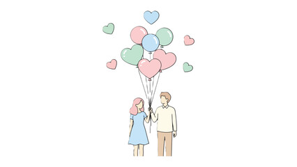 Love and Lightness: A charming illustration depicts a couple hand in hand, releasing a cluster of heart-shaped balloons, symbolizing love, dreams, and a shared journey.