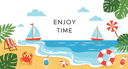 Summer beach scene banner with the text 'Enjoy Time', featuring sailboats, a crab, lounge chair, and tropical drinks by the sea.