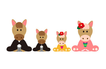 着物を着て挨拶する馬の四人家族の年賀状イラスト