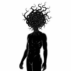 Silhouette of a human figure with a tangled mass of roots or branches for a head, symbolizing complex thoughts or natures embrace.