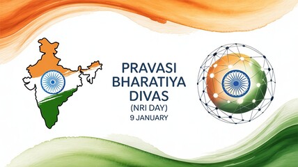 Pravasi Bharatiya Divas NRI Day poster with India map and globe in tricolor theme celebrating overseas Indian community