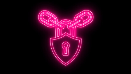 Pink neon glowing padlock icon symbolizing security and protection connected by a chain link on a dark background representing digital safety and data encryption concepts