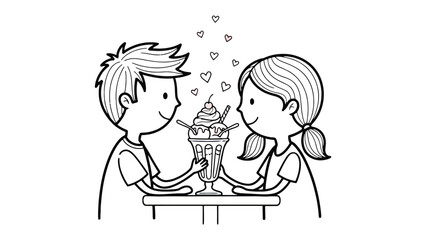 Shared Sweet Treat: A loving couple shares a delightful sundae, their eyes locked in mutual affection amidst a sprinkle of heart-shaped magic. 