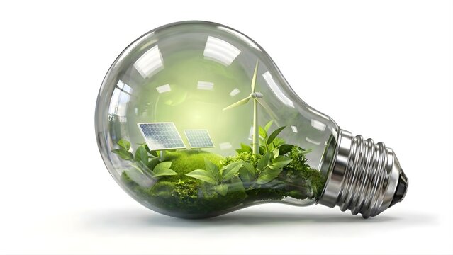 Conceptual lightbulb with green energy, solar panels, and wind turbines inside, symbolizing sustainability and eco-friendly innovation, 3D render - Powered by Adobe