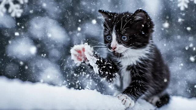 An adorable tuxedo kitten playfully batting its tiny paw at individual falling snowflakes captured in extreme slow motion detail high speed, fence, beautiful