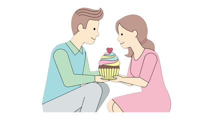 Sweet Surprise: A tender moment as a couple shares a delightful cupcake adorned with a heart-shaped topping. Illustrating love and sweetness in a single frame.