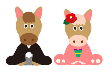 着物を着て正座で挨拶する馬の夫婦のかわいい年賀状イラスト