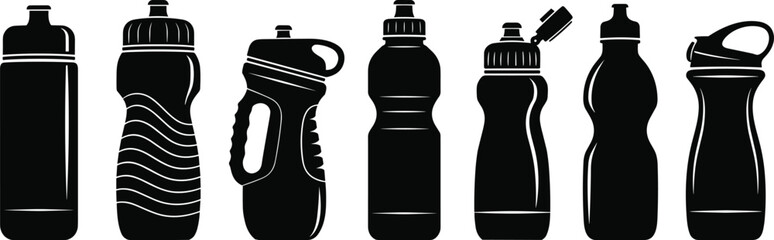Sports water bottle silhouette set with reusable plastic bottles, fitness hydration containers, cycling bottles, BPA-free drinkware collection