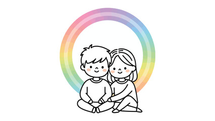 Friendship Embrace: Two cartoon friends, seated in harmony, framed by a soft rainbow. Capturing the spirit of togetherness, joy, and the beauty of friendship.