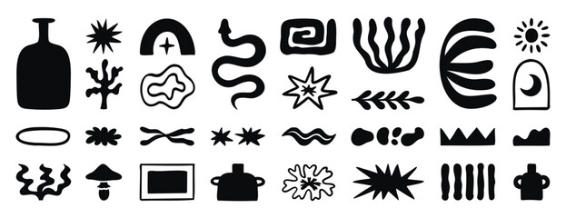 Boho antique set monochrome line art with jugs stars and moon, hand drawn