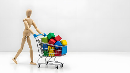 ショッピングカートを押し爆買いするデッサン人形