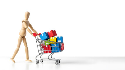 ショッピングカートを押し爆買いするデッサン人形