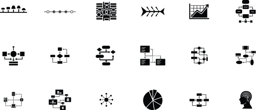 Collection of various silhouette and flowchart symbols and icons