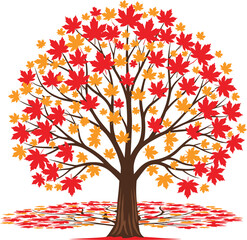 Fototapeta premium Stylized vibrant autumn maple tree vector with bright red and orange falling leaves and a natural trunk, simple graphic illustration for seasonal banners, education, and nature designs