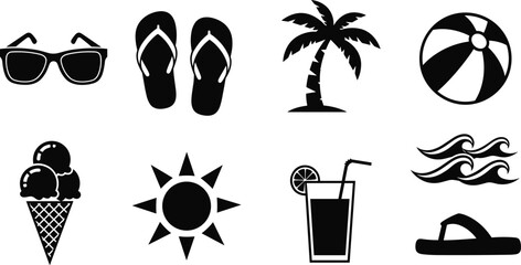 Summer icon set, beach silhouette vector, sunglasses, flip-flops, palm tree, ice cream, sun, ocean wave, vacation design, tropical theme