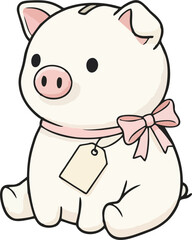 Cute white pig character with pink bow and gift tag, minimalist kawaii illustration