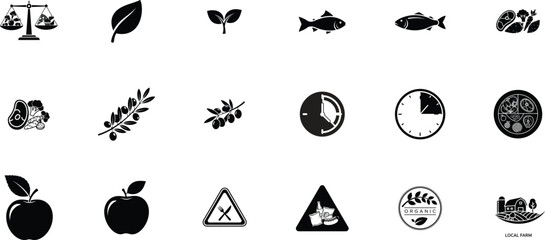 Black silhouette vector icons of various objects and shapes