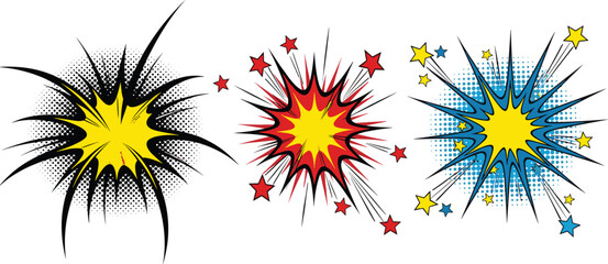 Comic Book Style Explosion Bursts Vector Set, Boom and Starburst Elements, Halftone Pop Art Effect, Dynamic Cartoon Graphic Design Collection