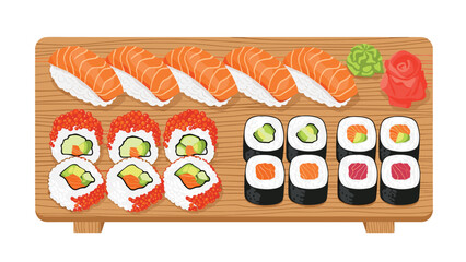 A variety of sushi and sashimi on a wooden board