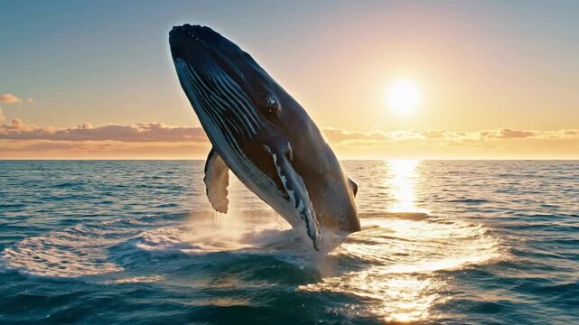 Majestic whale breaching from ocean at glowing sunrise, droplets sparkling midair, golden sky reflections, dramatic slow-motion wildlife moment, serene marine atmosphere, cinematic 4K HD video