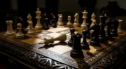 Dramatic Chessboard Scene With Fallen King And Intense Strategy On A Wooden Board