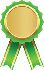 Golden Award Medal with Green Ribbon Illustration. Winner Award Banner Mockup.