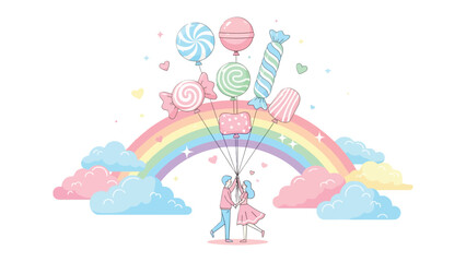 Whimsical Sweetheart's Flight: A pair of lovers, entwined in a tender embrace, ascend towards the sky amidst a colorful rainbow, carried by a whimsical collection of candies and balloons.