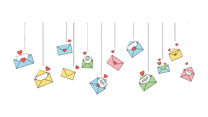 Love Letter Cascade: A delicate composition features an array of colorful envelopes, suspended by fine strings. Each envelope exudes warmth and romance, with hearts fluttering gently.