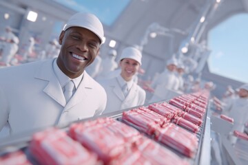 Smiling Factory Workers with Crab Sticks