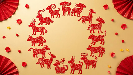 Vibrant red paper-cut Chinese zodiac animals forming a festive circular display on a golden backdrop, symbolizing prosperity and good fortune for Lunar New Year