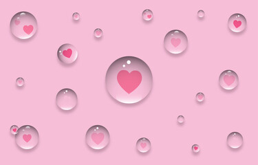 Pink hearts water drops isolated on pink background.Valentine's day background wallpaper.Love bubbles vector graphic illustration frame.
