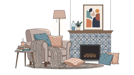 Cozy living room with armchair, floor lamp, fireplace, and colorful pillows and blankets 