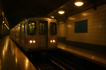 Subway train arriving at an empty underground station with warm lighting and reflections on the platform creating a mysterious mood