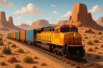 Fototapeta premium Freight train carrying shipping containers crossing a vast desert landscape with sandstone buttes under a clear blue sky
