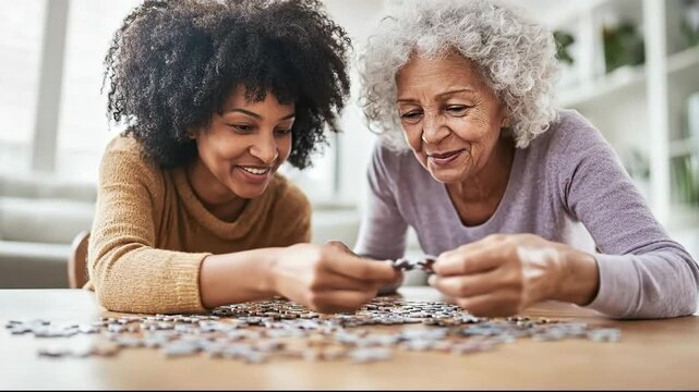 A young woman and her elderly mother work on a jigsaw puzzle together at home.