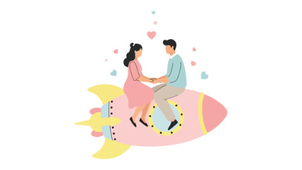 Love's Launch: A couple embraces the thrill of love as they embark on a journey of romance, riding a rocket adorned with hearts, soaring towards their dreams together.