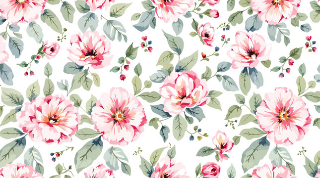 Feminine peony watercolor pattern filled with blush flowers and graceful blue green leaves.