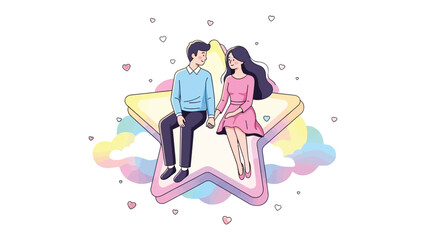Starry Romance: A charming illustration depicts a couple seated on a whimsical star, their hands clasped in a gesture of love and connection.
