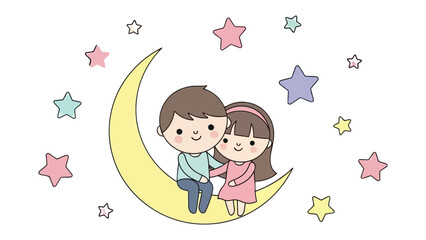 Dreamy Embrace on Crescent Moon: Two adorable figures, an illustration of a loving couple, share a tender moment atop a luminous crescent moon, surrounded by a constellation of pastel stars.