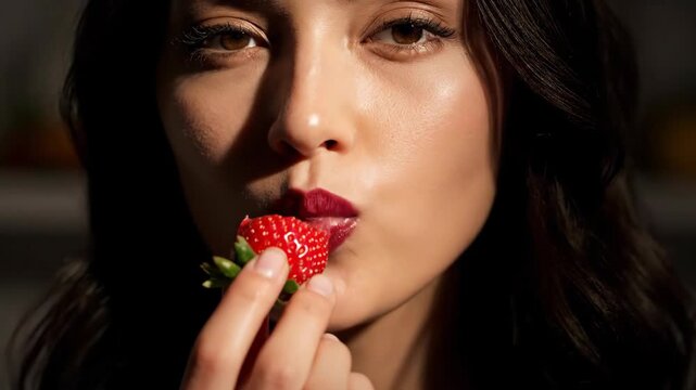 Young woman holding a fresh red strawberry close to her face