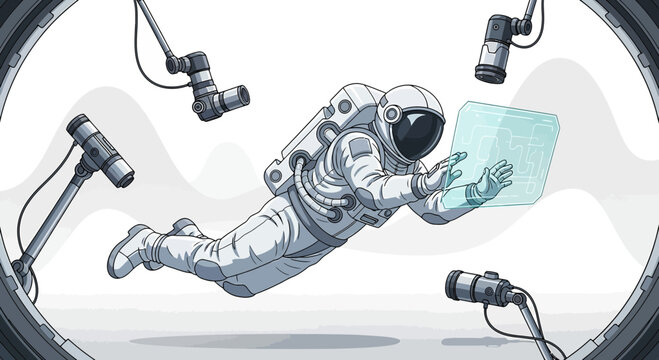 Astronaut working with futuristic interface in a high-tech space laboratory showcasing innovation