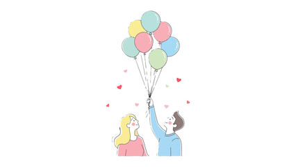 Dreamy Ascendance: A young couple gazes upward with hope as a vibrant bouquet of balloons floats skyward, carrying with them the dreams of lovers. This sweet illustration conveys joy and optimism.