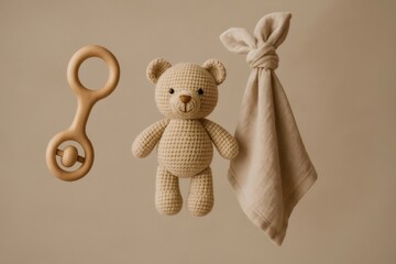 Fototapeta premium Organic cotton blanket, wooden rattle, and crochet teddy bear creating a gentle, eco friendly baby gift set against a beige background